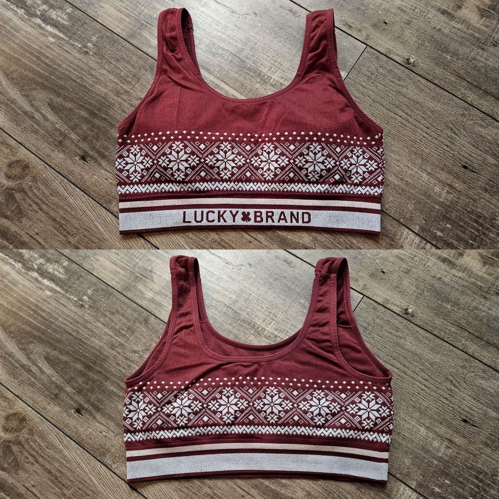 LUCKY BRAND Stretch Bralette - Burgundy Light Blue Winter Snowflake Size Medium